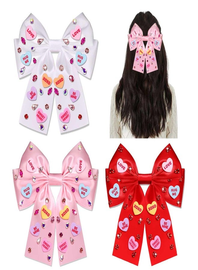 YAHPERN 3PCS Valentine’s Day Hair Bow Clips for Women Conversation Heart Hair Clips Jeweled Crystal Hair Bows Stain Red Pink Hair Ribbon Bow Barrettes Valentine’s Day Outfits Accessories Gifts - Image 1